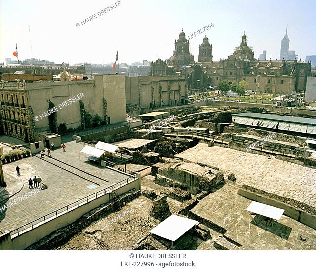 View at archaeological excavation site Templo Mayor and cathedral in the sunlight, Mexico City, Mexico, America
