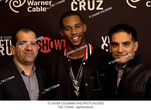 (L-R) Showtime Executive Vice President Stephen Espinoza, Victor Cruz and Filmmaker and Executive Producer Gotham Chopra attend 'I Am A Giant: Victor Cruz' New...