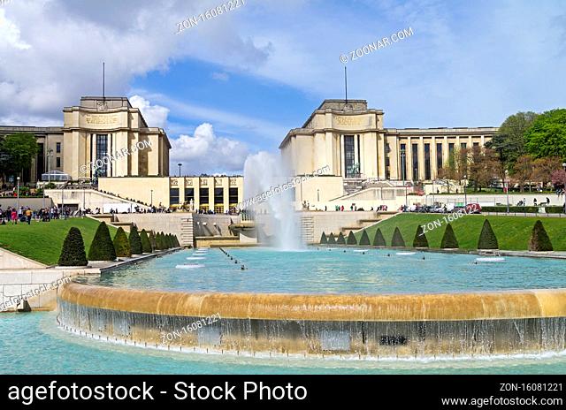 PARIS, FRANCE - APRIL 1, 2017: Fountain in front of the Palais de Chaillot. Paris, France