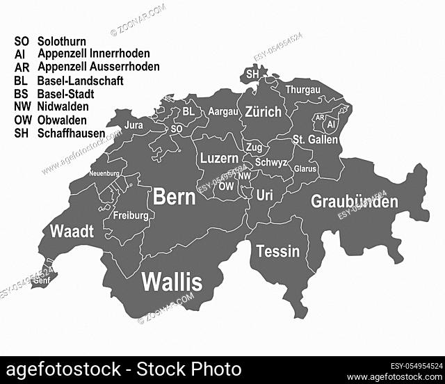 Landkarte der Schweiz allen Kantonen - Map of Switzerland with all cantons