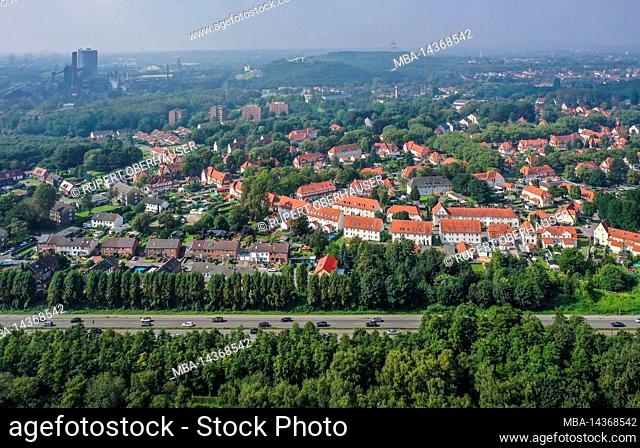 Bottrop, North Rhine-Westphalia, Germany - Bottrop city overview. In the back left coking plant ArcelorMittal Bottrop. In the back center the tetrahedron on the...