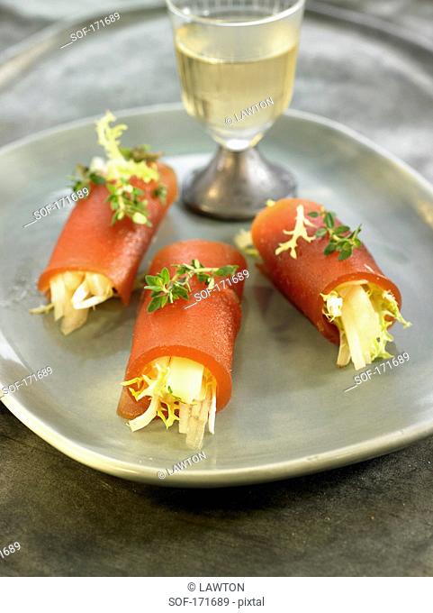 Quince paste cannellonis stuffed with pear, manchego and endive