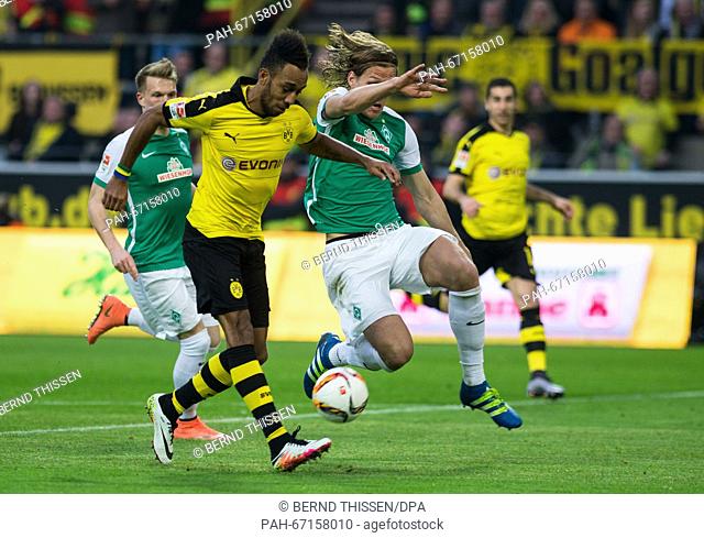 Dortmud's Pierre-Emerick Aubameyang (L) scores the 1-0 goal past Bremens' Jannik Vestergaard during the German Bundesliga match between Borussia Dortmund and...
