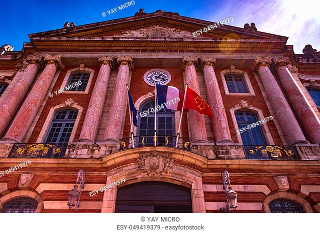 Capitole de Toulouse, city hall of Toulouse city in France - in golden evening light - architecture background