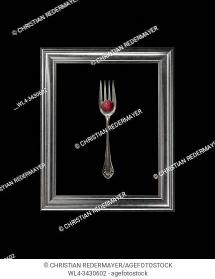 Still life with one Rasberry on a fork in the frame