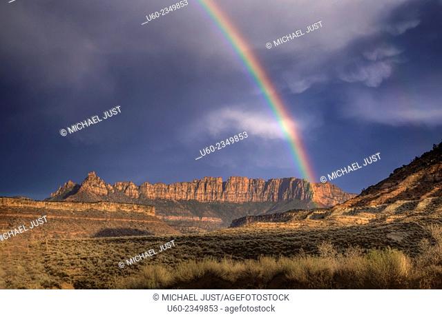 A rainbow appears at Zion National Park, Utah