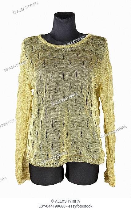 Women's knitted pullover of gold color, well visible weaving of thread. Clipping path