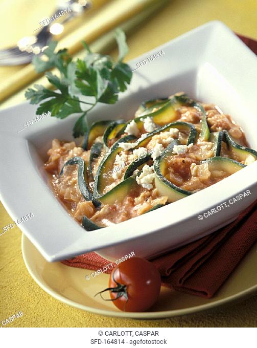Courgette strips with tomato sauce & sheep's cheese
