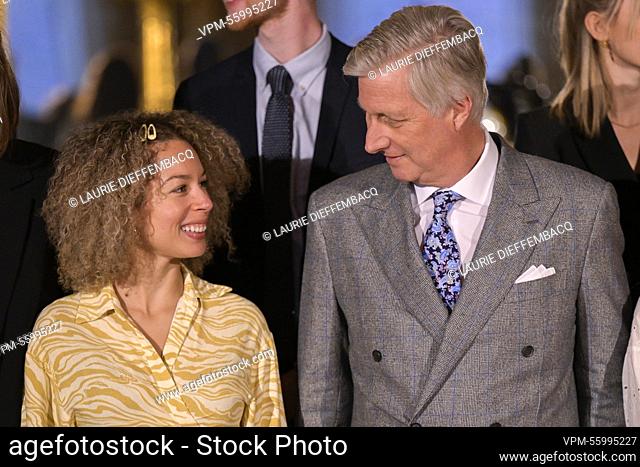 Belgian singer Lubiana and King Philippe - Filip of Belgium pictured during the award ceremony of the 2022 edition of the Belgodyssee prize for young...
