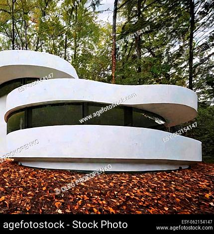 Curved flex house in white style in a the woods