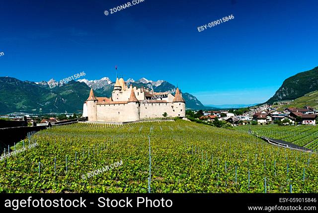 Aigle, VD / Switzerland - 31 May 2019: the historic castle at Aigle in the Swiss canton of Vaud with summer vineyards
