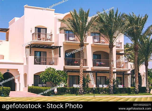 Eastern Traditional Arabian Architecture Exterior of Summer Luxury Resort Egypt Hotel Holiday Villas of Middle East, View of Mediterranean