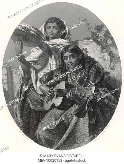 Two Spanish gipsy girls play guitar and tambourine