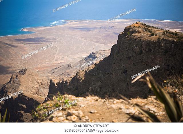 04/04/2009 Cape Verde, Cabo Verde, S„o Vicente, Mindelo, Monte VerdeSao Pedro, View from Monte Verde towards Praia Grande, volcanic formations Mindelo, Mt Verde