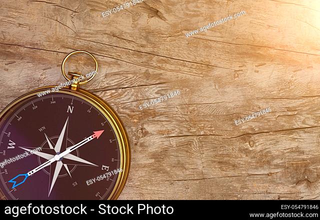 Golden compass on the wooden background. 3d illustration