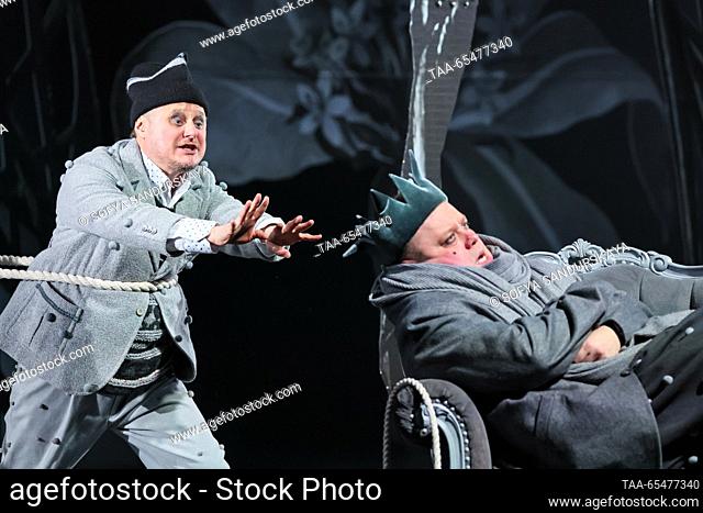 RUSSIA, MOSCOW - DECEMBER 4, 2023: Oleg Lopukhov as FIrst Minister (L) and Artur Ivanov as the King perform during the premiere of Ivan Popovski's production of...