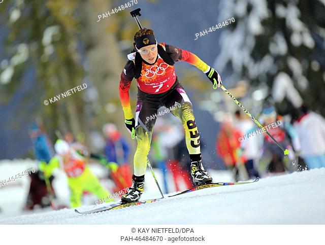 Evi Sachenbacher-Stehle of Germany in action during the 2x6km Women + 2x7.5 km Men Mixed Relay competition in Laura Cross-country Ski & Biathlon Center at the...