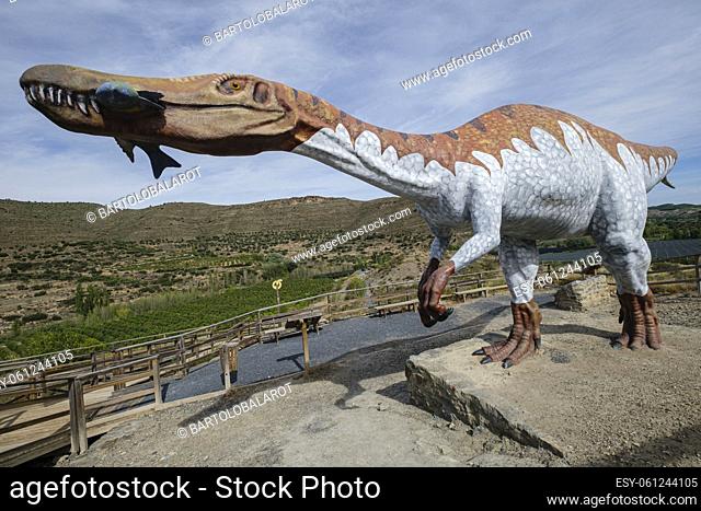 Life-size reproduction of a Baryonyx dinosaur, La Era del Peladillo footprint site, Igea, La Rioja, Spain, Europe