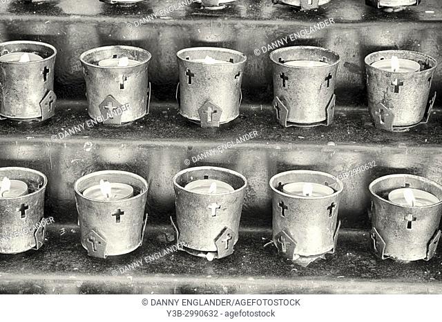 Close-up detail of votive candles in Mission Basilica San Diego de Alcala, in San Diego, California