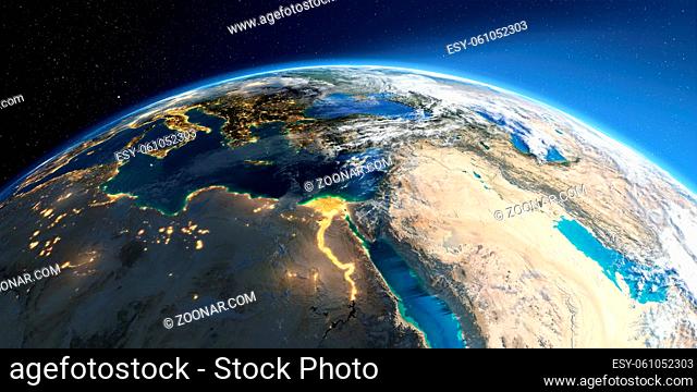Highly detailed Earth with atmosphere, exaggerated relief and light-flooded cities. Transition from night to day. Africa and Middle East. 3D rendering
