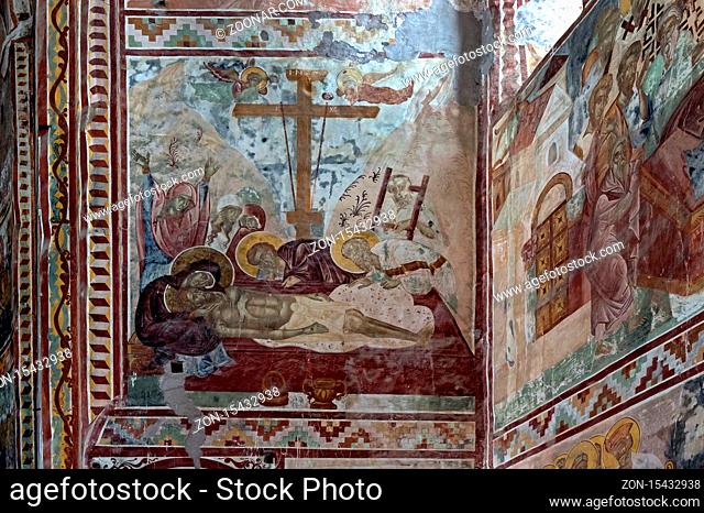 Grablegung Christi, Wandmalerei in der Georgisch-Orthodoxen Gottesmutterkirche, Klosterkomplex Gelati, Kutaissi, Georgien / Entombment of Christ