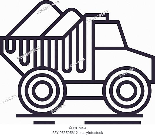 dumper truck with sand vector line icon, sign, illustration on white background, editable strokes
