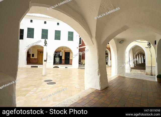 Streets with porticoes and arcades of the old town of Ciutadella, Menorca, Balearic Islands, Spain