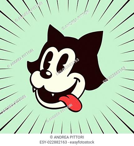 vintage toons: retro cartoon character hungry crazy cat smiling with tongue out