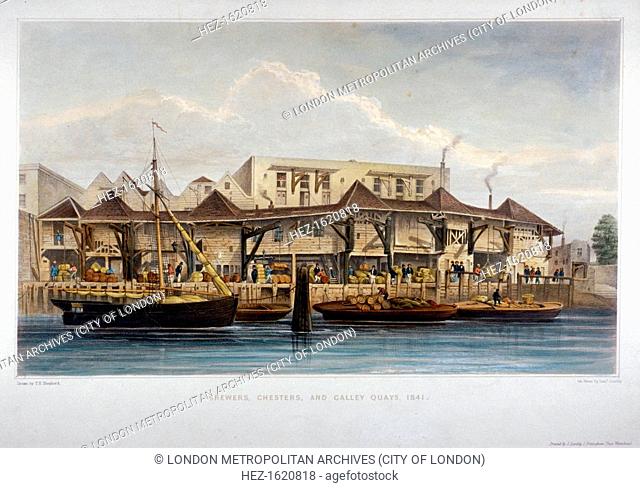 Brewer's Quay, Chester Quay and Galley Quay, Lower Thames Street, City of London, 1841. View with figures and vessels on the water