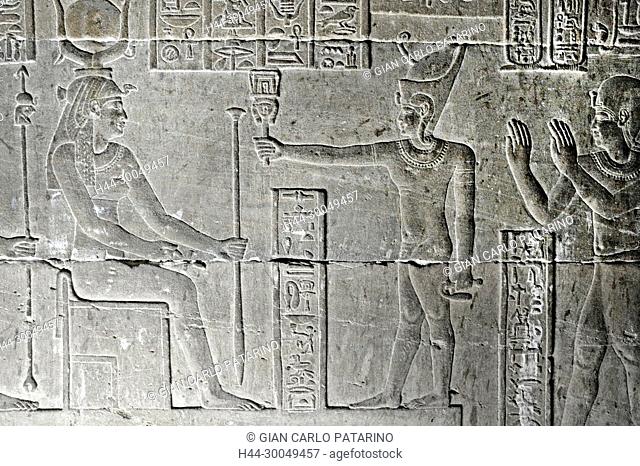 Dendera Egypt, ptolemaic temple dedicated to the goddess Hathor. Carvings on internal wall