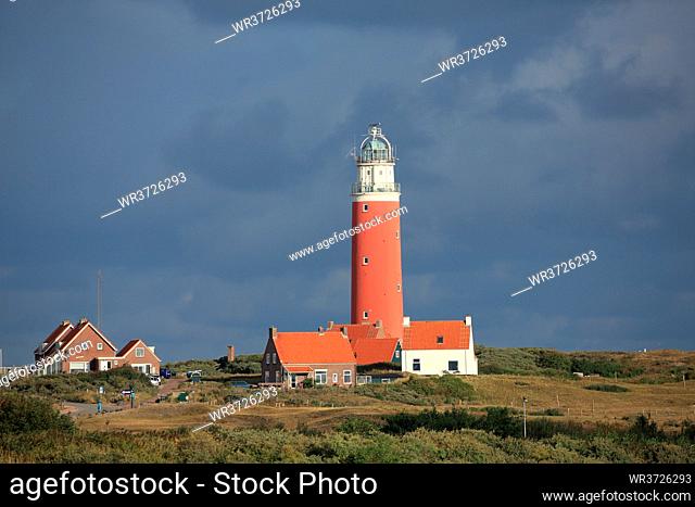 the red lighthouse and houses on Texel island, Holland