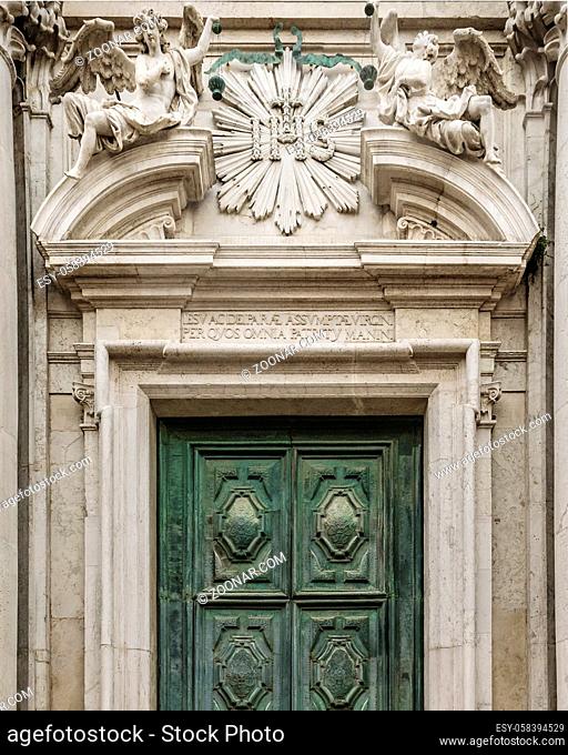 Front view facade of old church at historic center of venice, Italy