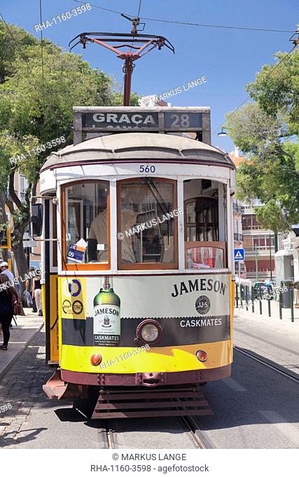 Tram 28, Alfama district, Lisbon, Portugal, Europe