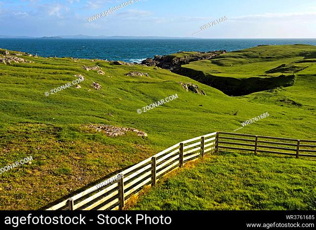 Grüne Weiden an der schottischen Küste, Clachtoll, Schottland, Großbritannien / Green pastures at Scottish coast near Clachtoll, Scotland, Great Britain