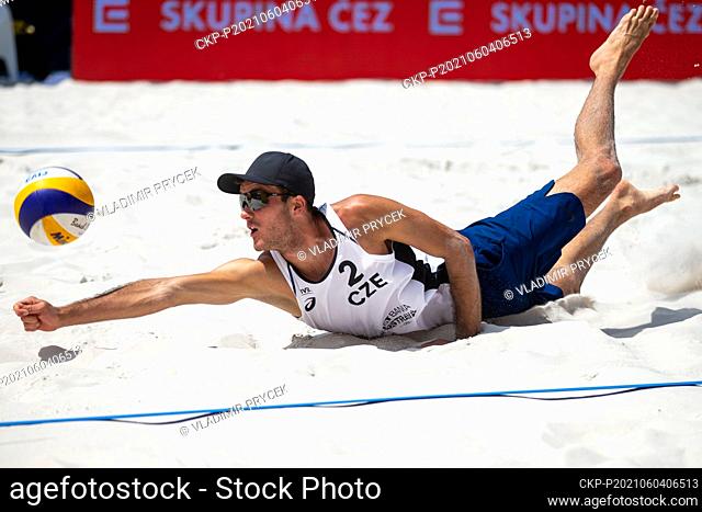Patrik Manas of Czech Republic in action during the Ostrava Beach Open 2021 tournament, part of the Beach Volleyball World Tour match Jiri Sedlak/Patrik Manas...