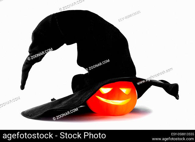 Jack O Lantern Halloween pumpkin with oversize witches hat isolated on white background