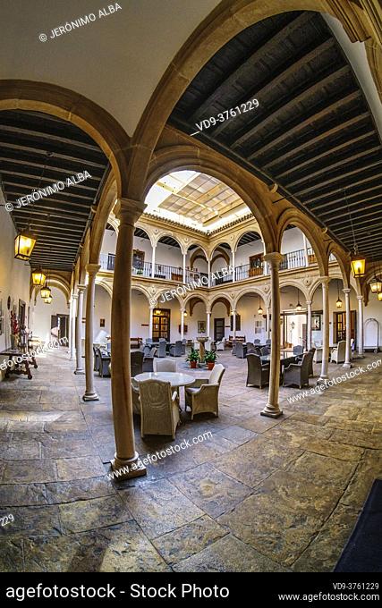 Dean Ortega Palace courtyard, National Tourism Parador at Vazquez de Molina Square, Ubeda, UNESCO World Heritage Site. Jaen province, Andalusia