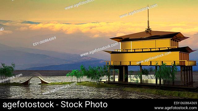 The 3d rendering of nice temple with beautiful background