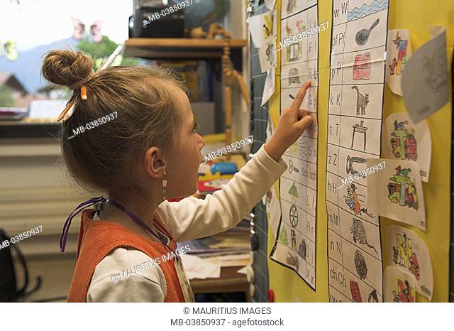 School, classrooms, instruction, blackboard, first-grader, alphabet, teaching aid, learns pictures, side-portrait primary school school-instruction school class...