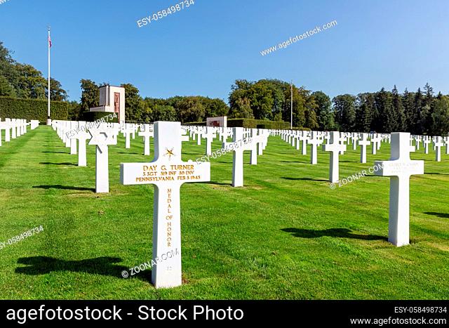 Hamm near Luxembourg city, Luxembourg - August 22, 2018: American WW2 Cemetery with headstones of 5073 buried soldiers including sergeant Day G