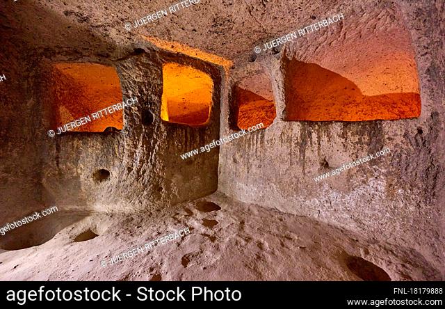 Narrow corridors and low rooms in Kaymakli Underground City, UNESCO World Heritage Site, Cappadocia, Anatolia, Turkey|