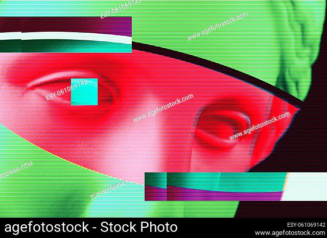 Modern conceptual art poster with green red colorful ancient statue of Venus de Milo head. Contemporary art collage. Concept of retro wave style posters
