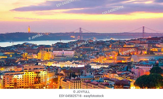 Panoramic view of beautiful Lisbon at twilight. Portugal
