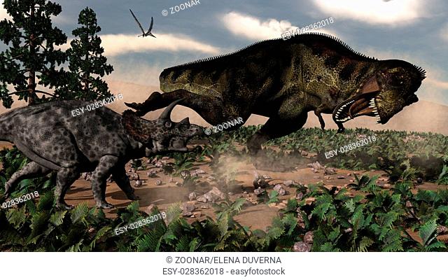 Tyrannosaurus rex roaring at a triceratops - 3D render