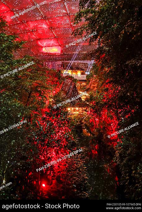 04 January 2023, Saxony, Leipzig: Gondwanaland at Leipzig Zoo will be colorfully illuminated for the ""Magical Tropical Lights"" event