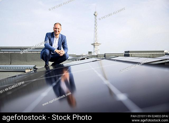 11 October 2023, Berlin: Mario Tobias, Chairman of the Board of Management of Messe Berlin, after a press event on the construction of Berlin's largest...