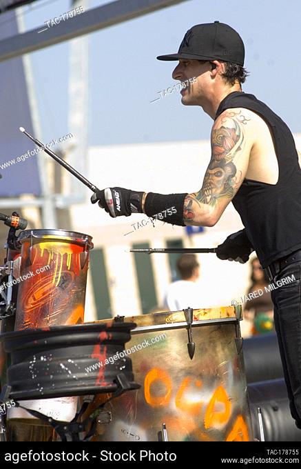 Frank Zummo of Street Drum Corps performs at the Galaxy game in Los Angeles