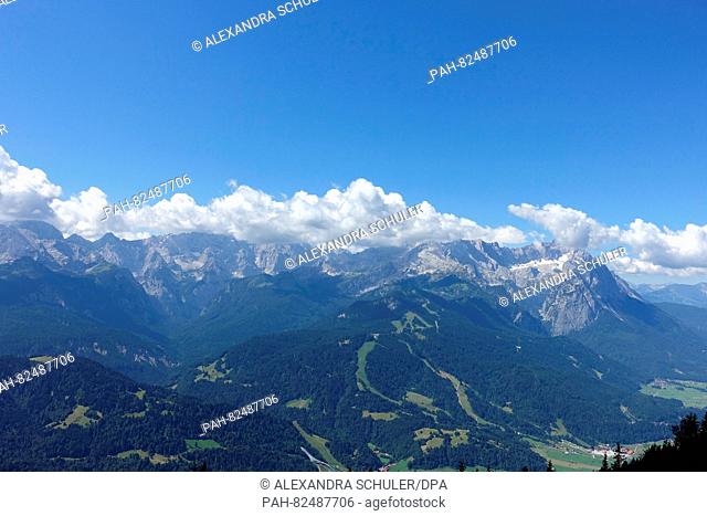 A view of the Wetterstein mountains and the ski slopes from Wank mountain near Garmisch-Partenkirchen,  Germany, 19 July 2016