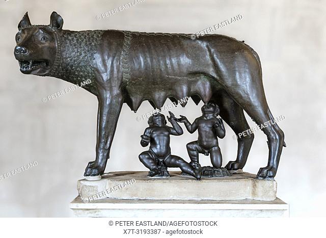 The Capitoline Wolf, a 11th to12th century bronze sculpture depicting a she-wolf suckling the mythical twin founders of Rome, Romulus and Remus