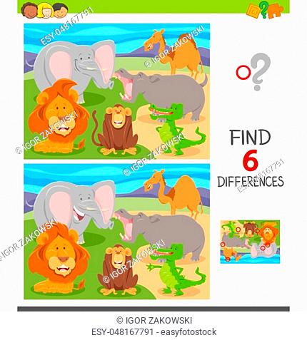 Cartoon Illustration of Finding Six Differences Between Pictures Educational Game for Children with Funny Wild Animal Characters
